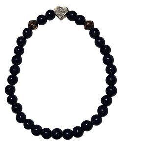 Elegant Black Beaded Bracelet Heart Charm Valentines Day Fashion Jewelry Women